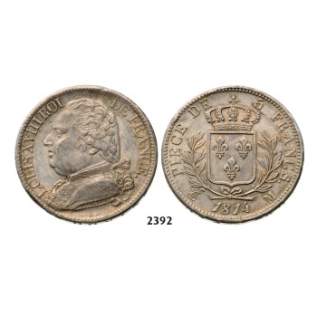 Lot: 2392. France, Louis XVIII, 1814-­1815/1815­-1824, 5 Francs 1814­-M, Toulouse, Silver