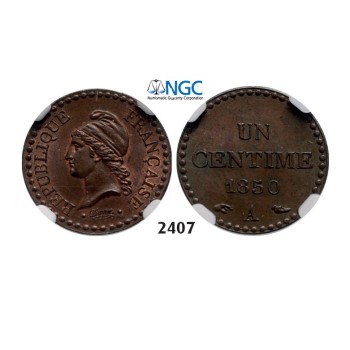 Lot: 2407. France, Second Republic, 1848­-1852 , 1 Centime 1850­-A, Paris, Bronze, NGC MS64BN