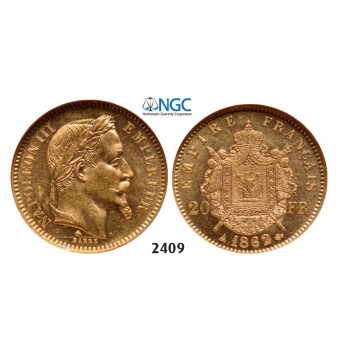 Lot: 2409. France, Napoleon III, 1852-­1870, 20 Francs 1862­-A, Paris, GOLD, NGC MS61