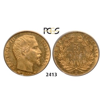 Lot: 2413. France, Napoleon III, 1852-­1870, 5 Francs 1854-­A, Paris (Plain edge) GOLD , PCGS MS64