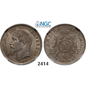 Lot: 2414. France, Napoleon III, 1852-­1870, 2 Francs 1869­-BB, Strasbourg, Silver , NGC AU58