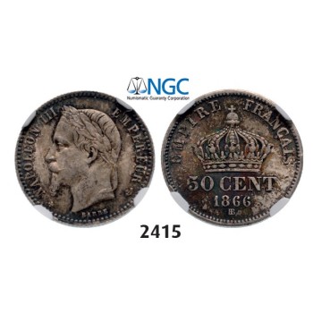 Lot: 2415. France, Napoleon III, 1852-­1870, 50 Centimes 1866­-BB, Strasbourg, Silver, NGC MS63