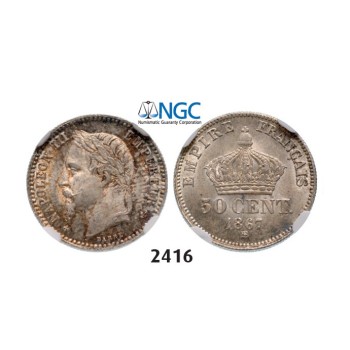 Lot: 2416. France, Napoleon III, 1852-­1870, 50 Centimes 1867­-BB, Strasbourg, Silver, NGC MS65