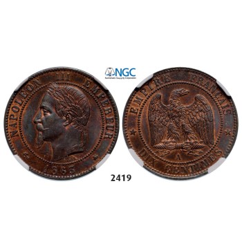 Lot: 2419. France, Napoleon III, 1852-­1870, 10 Centimes 1863-­A, Paris, Bronze, NGC MS65RB