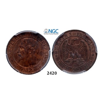 Lot: 2420. France, Napoleon III, 1852-­1870, 2 Centimes 1853­-D (Small D) Lyon, Bronze, PCGS MS63RB