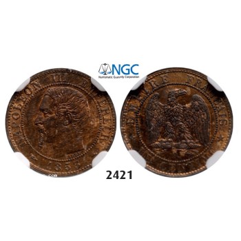 Lot: 2421. France, Napoleon III, 1852-­1870, 1 Centime 1853­-A, Paris, Bronze, NGC MS65