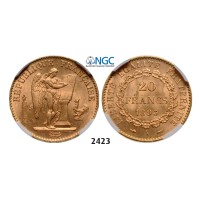 Lot: 2423. France, Third Republic, 1871-­1940, 20 Francs 1893-­A, Paris, GOLD, NGC MS64