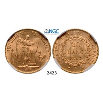 Lot: 2423. France, Third Republic, 1871-­1940, 20 Francs 1893-­A, Paris, GOLD, NGC MS64