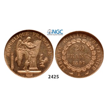 Lot: 2425. France, Third Republic, 1871-­1940, 20 Francs 1897-­A, Paris, GOLD, NGC MS63