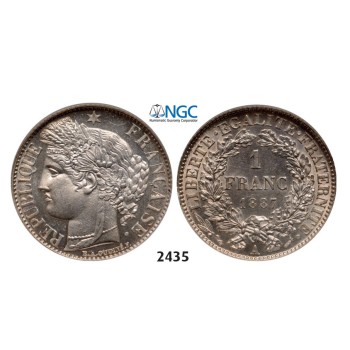 Lot: 2435. France, Third Republic, 1871-­1940, Franc 1887-­A (Small A) Paris, Silver, NGC MS64