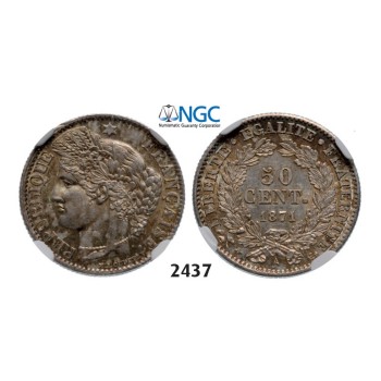 Lot: 2437. France, Third Republic, 1871-­1940, 50 Centimes 1871­-A, Paris, Silver, NGC MS62