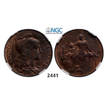 Lot: 2441. France, Third Republic, 1871-­1940, 10 Centimes 1903, Bronze, NGC MS64RB