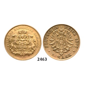 Lot: 2463. Germany, Empire, local coinage, Hamburg, 5 Mark 1877­-J, Hamburg, GOLD