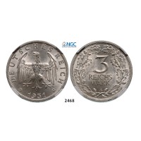 Lot: 2468. Germany, Weimar Republic, 1919-­1933, 3 Reichsmark 1931­-A, Berlin, Silver, NGC MS63