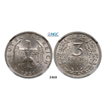 Lot: 2468. Germany, Weimar Republic, 1919-­1933, 3 Reichsmark 1931­-A, Berlin, Silver, NGC MS63