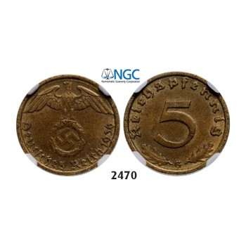 Lot: 2470. Germany, Third Reich, 1933­-1945, 5 Reichpfennig 1936­-G, Karlsruhe, Aluminums-­Bronze, NGC AU58