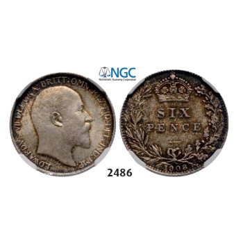 Lot: 2486. Great Britain, Edward VII, 1901-­1910, 6 Pence 1908, London, Silver, NGC MS64