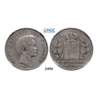 Lot: 2496. Greece, Othon, 1832­-1862, 5 Drachmai 1833-­A, Paris, Silver, NGC VF