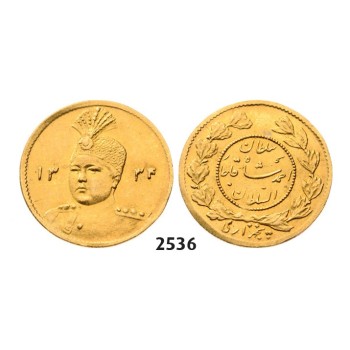 Lot: 2536. Iran, Sultan Ahmad Shah, AH1327-­1344 (1909-­1925 AD), 5000 Dinars (1/2 Toman) AH1334 (1915) Tehran, GOLD