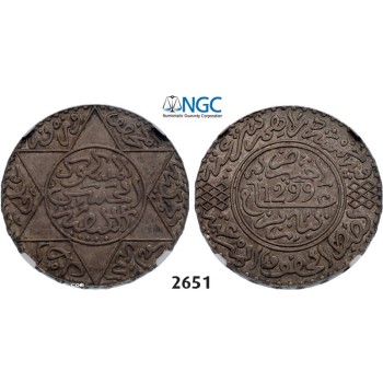 Lot: 2651. Morocco, Moulay al-­Hasan I, AH1290-­1311 (1873-­1894 AD), 5 Dirhams AH1299 (1882) Paris, Silver , NGC MS62