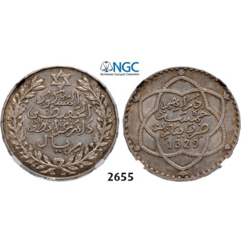Lot: 2655. Morocco, Abd al-­Hafiz, AH1326-­1330 (1908­-1912), ½ Rial (5 Dirhams) AH1329­Pa (1911) Paris, Silver, NGC MS62