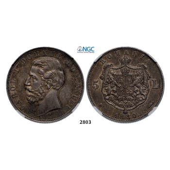 Lot: 2803. Romania, Carol I, 1866­-1914, 5 Lei 1880-­B, Bucharest, Silver (25.00g) “Name near bust”NGC AU58