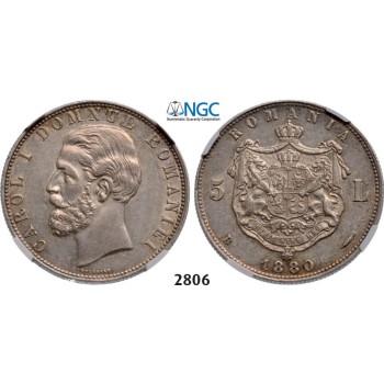 Lot: 2806. Romania, Carol I, 1866­-1914, 5 Lei 1880­-B, Bucharest, Silver , NGC AU53