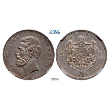 Lot: 2808. Romania, Carol I, 1866­-1914, 5 Lei 1881-­B, Bucharest, Silver, NGC AU53