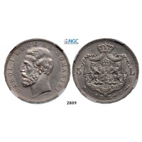 Lot: 2809. Romania, Carol I, 1866­-1914, 5 Lei 1882­-B, Bucharest, Silver, NGC AU55