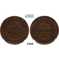 Lot: 2908. Russia, Alexander II, 1854-­1881, 5 Kopeks 1876­-&#1057;&#1055;&#1041;, St. Petersburg, Copper, NGC XF45