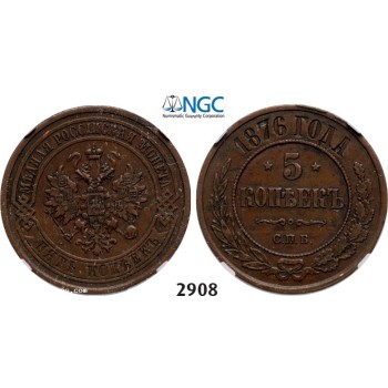 Lot: 2908. Russia, Alexander II, 1854-­1881, 5 Kopeks 1876­-&#1057;&#1055;&#1041;, St. Petersburg, Copper, NGC XF45