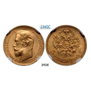 Lot: 2938. Russia, Nicholas II, 1894-­1918, 5 Roubles (Rubel) 1909 (&#1069;&#1041;) St. Petersburg, GOLD, NGC MS65