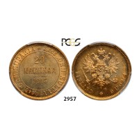 Lot: 2957. Russia, For Finland, 20 Markaa 1913, Helsingfors, GOLD, PCGS MS64
