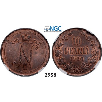 Lot: 2958. Russia, For Finland, 10 Penniä 1900, Helsingfors, Copper, NGC MS63RB
