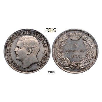 Lot: 2980. Serbia, Milan I. Obrenovic, 1868-­1889, 5 Dinara 1879, Vienna, Silver, PCGS MS63