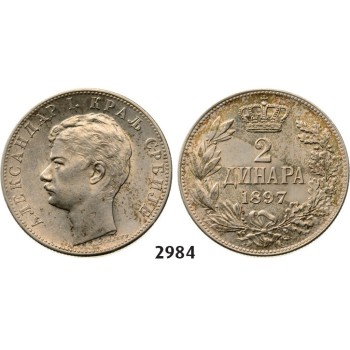 Lot: 2984. Serbia, Alexander I, 1889­-1902, 2 Dinara 1897, Vienna, Silver