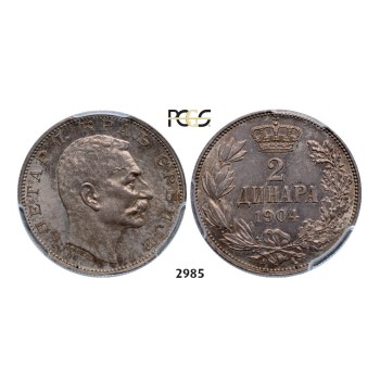 Lot: 2985. Serbia, Peter I, 1903-­1918, 2 Dinara 1904, Vienna, Silver, PCGS MS64