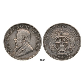 Lot: 3000. South Africa, Zuid­-Afrikaansche Republiek (ZAR), 5 Shillings 1892 (Double shaft on wagon tongue) Silver