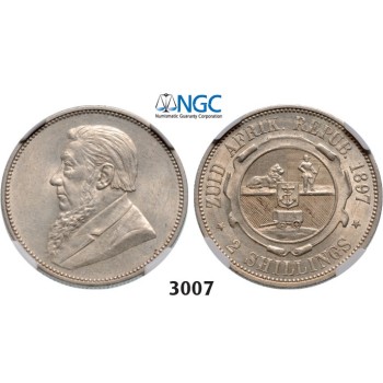 Lot: 3007. South Africa, Zuid­-Afrikaansche Republiek (ZAR), 2 Shillings 1897, Silver, NGC AU58