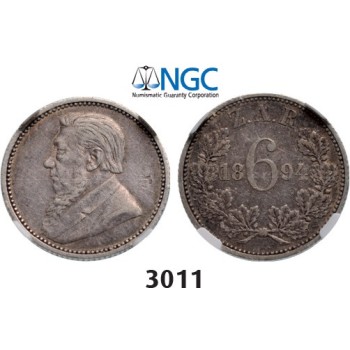 Lot: 3011. South Africa, Zuid­-Afrikaansche Republiek (ZAR), 6 Pence 1894, Silver, NGC VF30