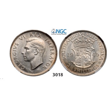 Lot: 3018. South Africa, Union of South Africa, George VI, 1936-­1952, 2­ 1/2 Shillings 1945, Pretoria, Silver, NGC AU58