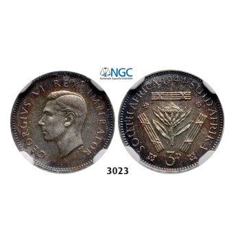 Lot: 3023. South Africa, Union of South Africa, George VI, 1936-­1952, 3 Pence 1944, Pretoria, Silver, NGC PF64