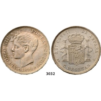Lot: 3032. Spain, Alfonso XIII, 1886­-1931, 5 Pesetas 1899 (99) SG­V, Valencia, Silver