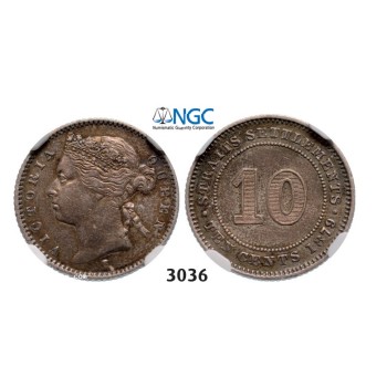 Lot: 3036. Straits Settlements (Singapore/Malaysia), Victoria, 1837-­1901, 10 Cents 1879-­H, Heaton, Birmingham, Silver, NGC AU