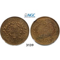 Lot: 3139. Tunisia, French Protectorate, 1881-­1955, ESSAI PIEFORT 2 Francs 1945-­A, Paris, Aluminum-­Bronze, NGC MS64