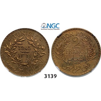 Lot: 3139. Tunisia, French Protectorate, 1881-­1955, ESSAI PIEFORT 2 Francs 1945-­A, Paris, Aluminum-­Bronze, NGC MS64