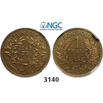 Lot: 3140. Tunisia, French Protectorate, 1881-­1955, ESSAI PIEFORT Franc 1945­-A, Paris, Aluminum­-Bronze, NGC MS66