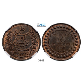 Lot: 3142. Tunisia, French Protectorate, 1881-­1955, 10 Centimes AH1310 (1892) A, Paris, Bronze,  NGC MS64RB