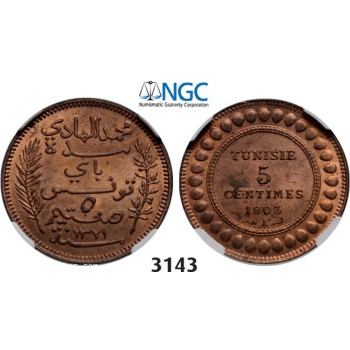Lot: 3143. Tunisia, French Protectorate, 1881-­1955, 5 Centimes AH1321 (1903) –A, Paris, Bronze, NGC MS64RB