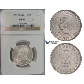 D03, Brazil, 1000 Reis 1907, Silver, NGC MS64 (Pop 1/2)